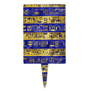 Golden Egyptian  hieroglyphs pattern blue stone Cake Topper