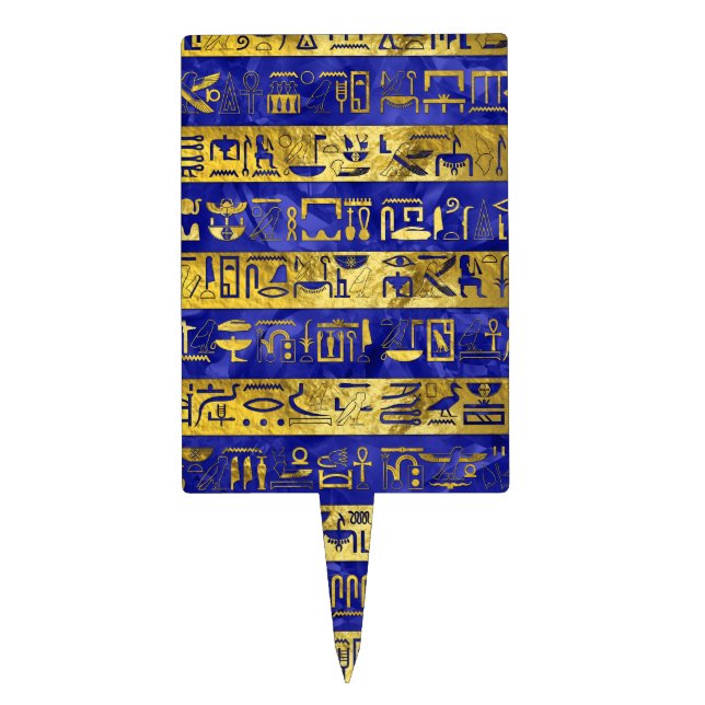 Golden Egyptian  hieroglyphs pattern blue stone Cake Topper (Front)