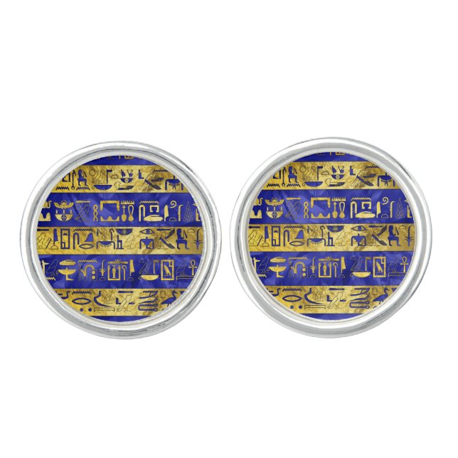 Golden Egyptian  hieroglyphs pattern blue stone Cufflinks (Front)