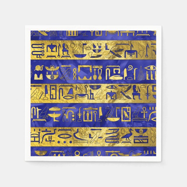Golden Egyptian  hieroglyphs pattern blue stone Napkins (Front)