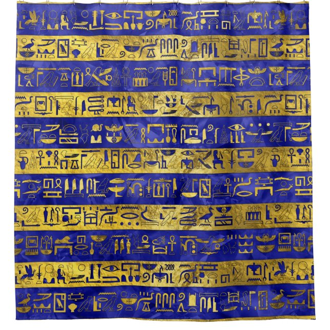 Golden Egyptian  hieroglyphs pattern blue stone Shower Curtain (Front)