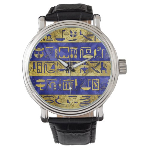 Golden Egyptian  hieroglyphs pattern blue stone Watch