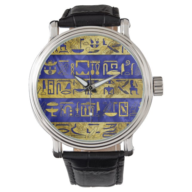 Golden Egyptian  hieroglyphs pattern blue stone Watch (Front)