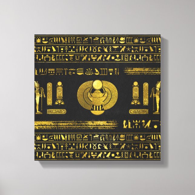 Golden Egyptian Scarab  on black leather Canvas Print (Front)