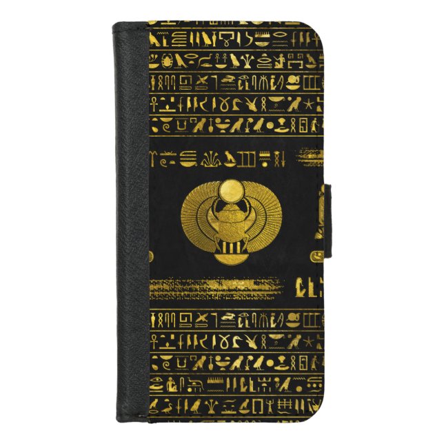 Golden Egyptian Scarab  on black leather iPhone Wallet Case (Front)