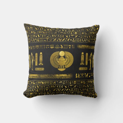 Golden Egyptian Scarab  on black leather Throw Pillow