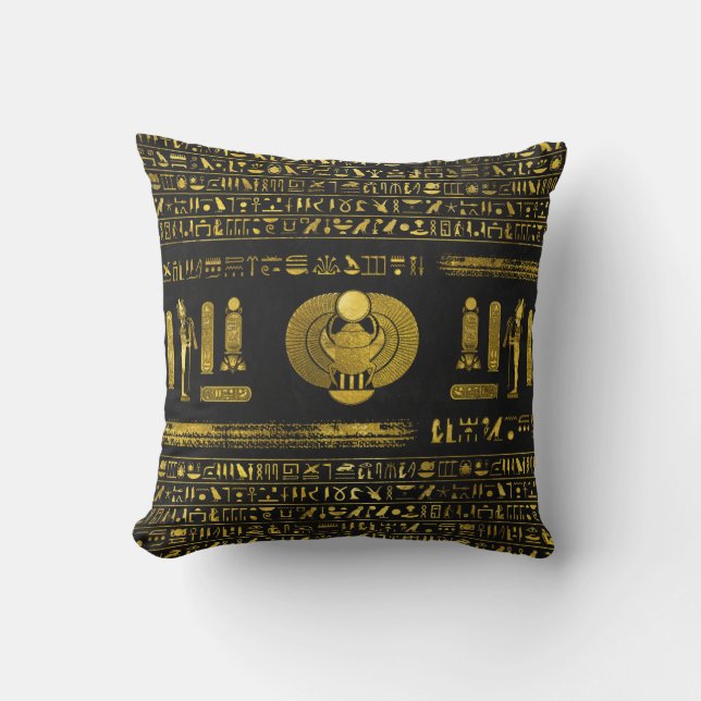 Golden Egyptian Scarab  on black leather Throw Pillow (Front)