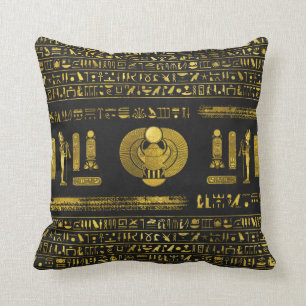 Golden Egyptian Scarab on black leather Throw Pillow