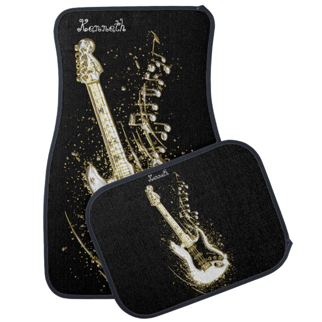 Golden Electric Guitar with Musical Notes Car Floor Mat (Set)