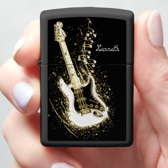 Golden Electric Guitar with Musical Notes Zippo Lighter (In Hand)