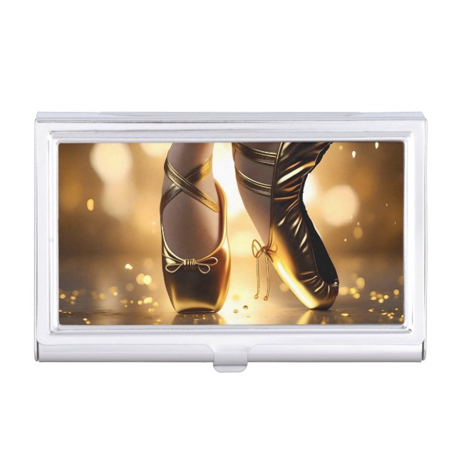 Golden Elegance: Ballerina Shoes on Gold Bokeh Business Card Case (Front)