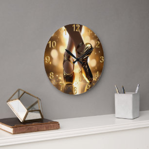 Golden Elegance: Ballerina Shoes on Gold Bokeh Large Clock