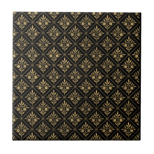 Golden Elegance – Black & Gold Botanical Seamless Ceramic Tile