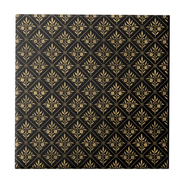 Golden Elegance – Black & Gold Botanical Seamless  Ceramic Tile (Front)