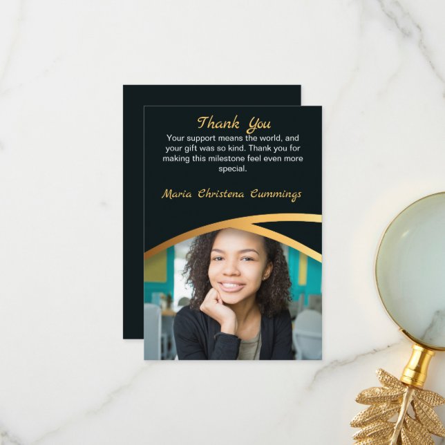 Golden Elegance Class Of Photo Graduation Thank You Card (Front/Back In Situ)