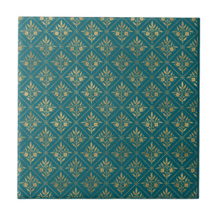 Golden Elegance – Dark Turquoise & Gold Botanical Ceramic Tile