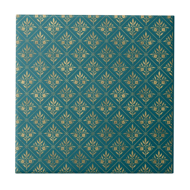Golden Elegance – Dark Turquoise & Gold Botanical  Ceramic Tile (Front)