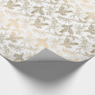 Golden Elegance Engraved Holly, Pine and Mistletoe Wrapping Paper