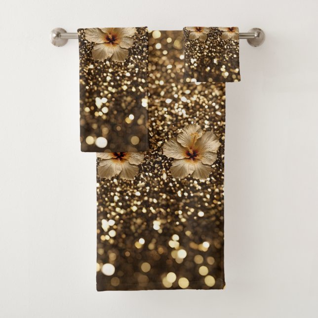 Golden Elegance: Gold Hibiscus Shimmer Bath Towel Set (Insitu)