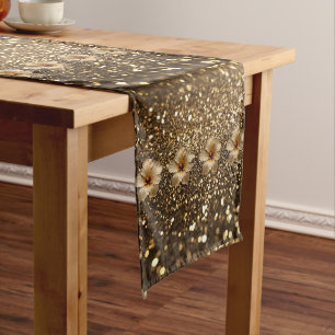 Golden Elegance: Gold Hibiscus Shimmer Long Table Runner