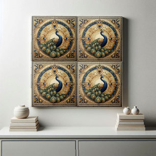 Golden Elegance Majestic Peacock Feather Art Deco Ceramic Tile