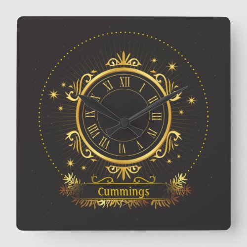 Golden Elegance Personalized Name Sq Wall Clock