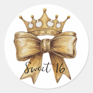 Golden Elegance: Sweet 16 Crown & Bow Classic Round Sticker