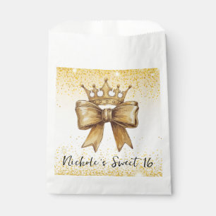 Golden Elegance: Sweet 16 Crown & Bow Glitter Favor Bag