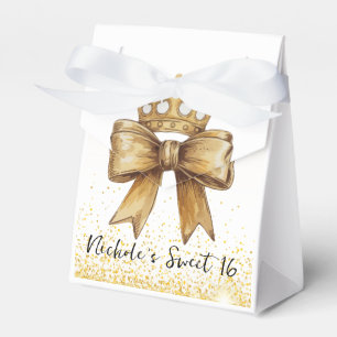 Golden Elegance: Sweet 16 Crown & Bow Glitter Favor Boxes