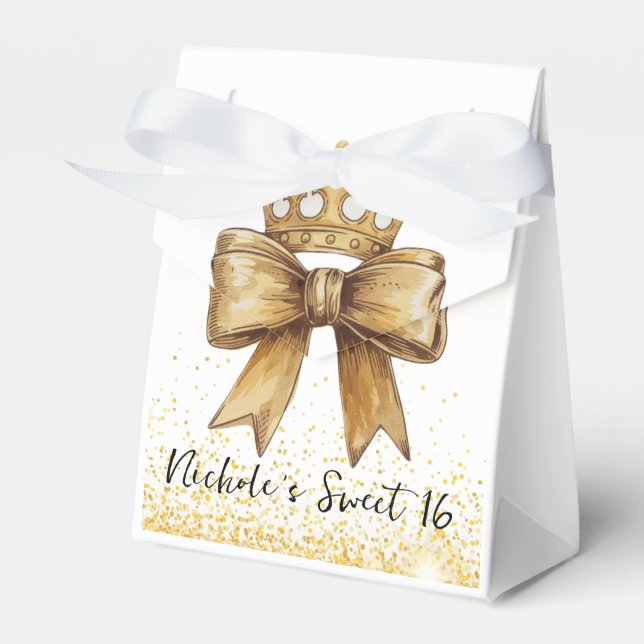 Golden Elegance: Sweet 16 Crown & Bow Glitter Favor Boxes (Front Side)