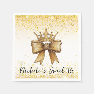 Golden Elegance: Sweet 16 Crown & Bow Glitter Napkins