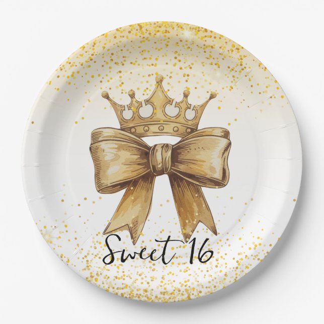 Golden Elegance: Sweet 16 Crown & Bow Glitter Paper Plates (Front)