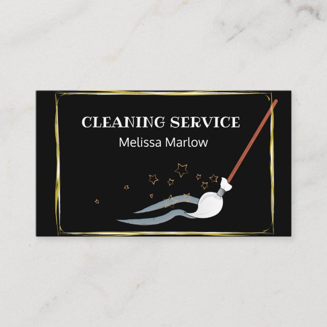 Golden elegant antique broom business card cleanin (Front)