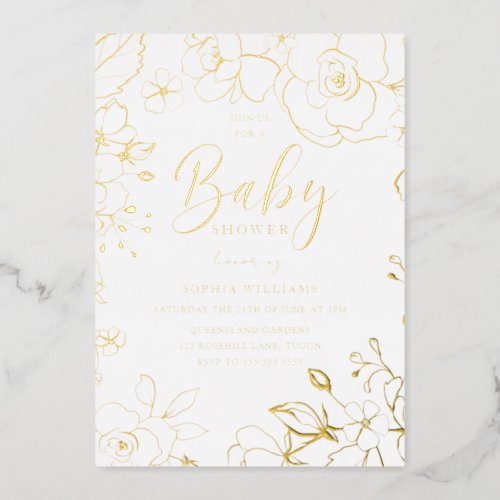 Golden Elegant Baby Shower Flowers Real Gold Foil Invitation