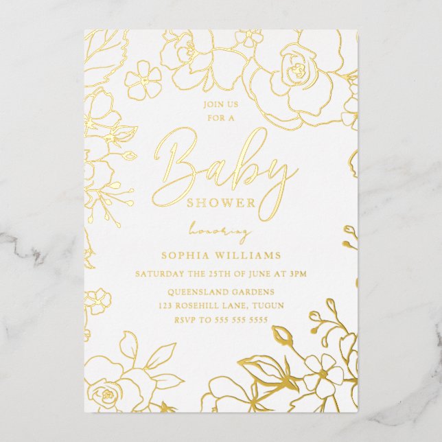 Golden Elegant Baby Shower Flowers Real Gold Foil Invitation (Front)