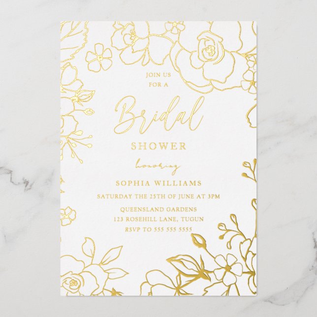 Golden Elegant Bridal Shower Flowers Real Gold Foil Invitation (Front)