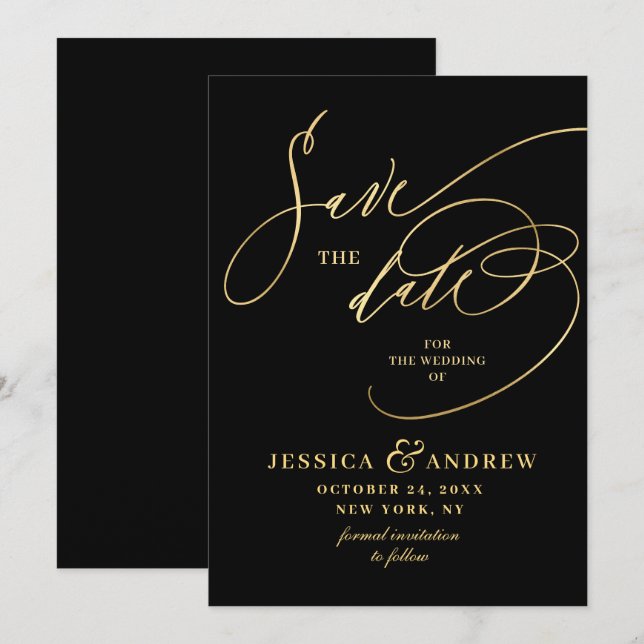 Golden Elegant Calligraphy Wedding Save the Date  (Front/Back)