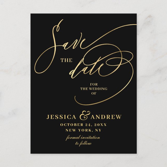 Golden Elegant Calligraphy Wedding Save the Date  Postcard (Front)
