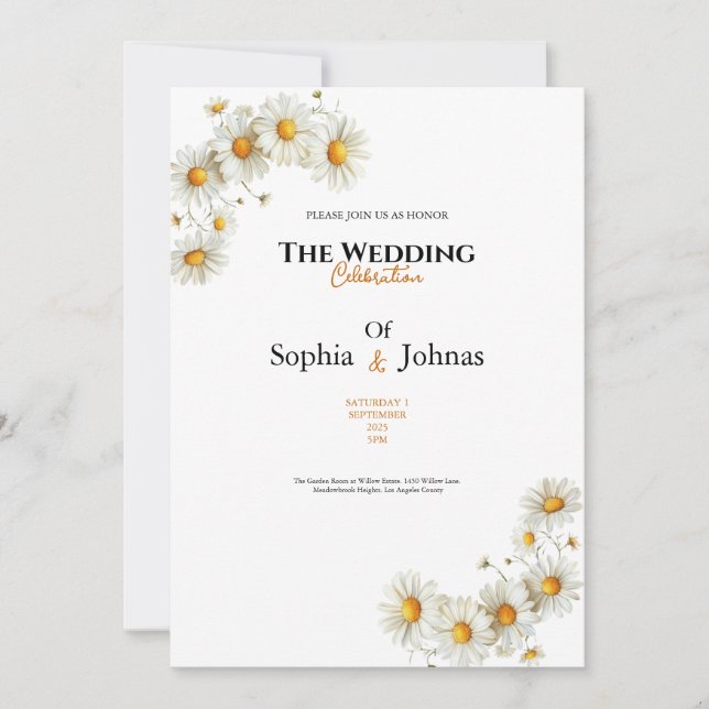 golden elegant daisy flower wedding invitation (Front)