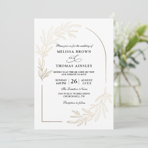 Golden Elegant Leaves Budget QR Code Wedding Invitation