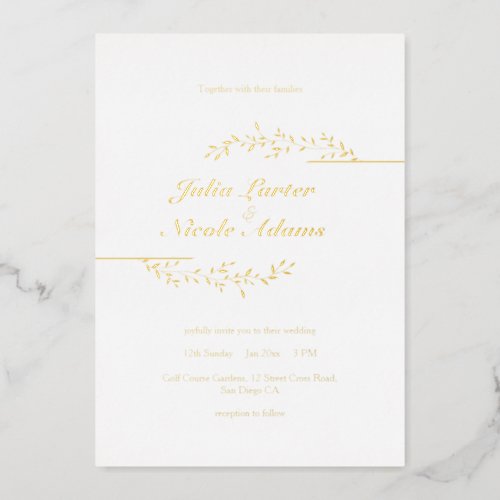 Golden Elegant Rustic Leaves Minimalist Wedding Foil Invitation