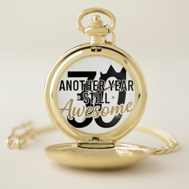 Golden Elegant Script "Awesome" Typography Black  Pocket Watch (Inside)