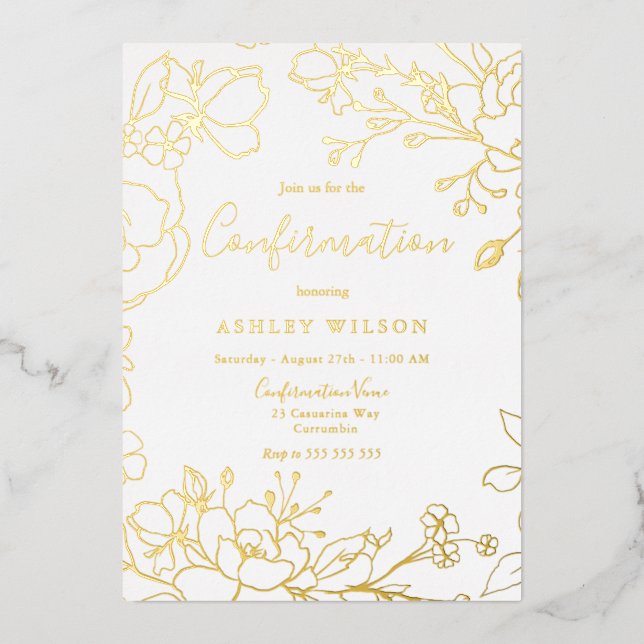 Golden Elegant White Modern Confirmation Real Gold Foil Invitation (Front)