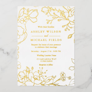 Golden Elegant White Modern Wedding Real Gold  Foil Invitation