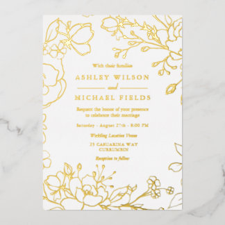 Golden Elegant White Modern Wedding Real Gold  Foil Invitation