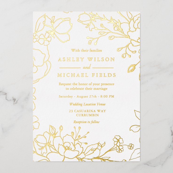Golden Elegant White Modern Wedding Real Gold Foil Invitation | Zazzle