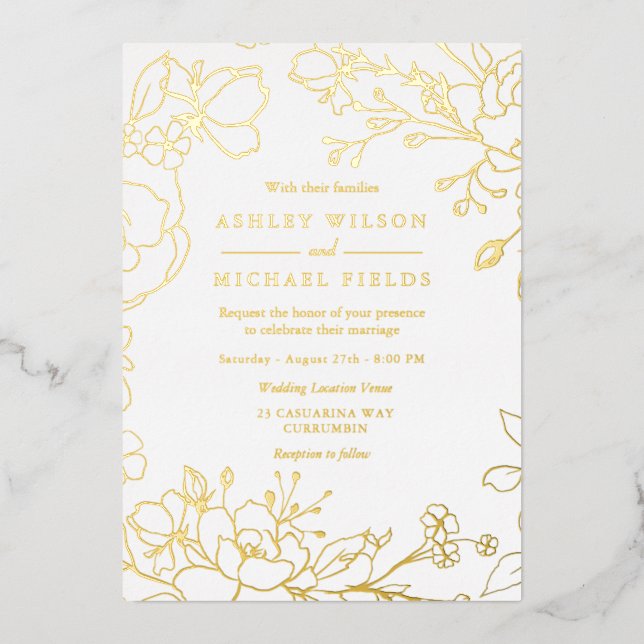 Golden Elegant White Modern Wedding Real Gold  Foil Invitation (Front)