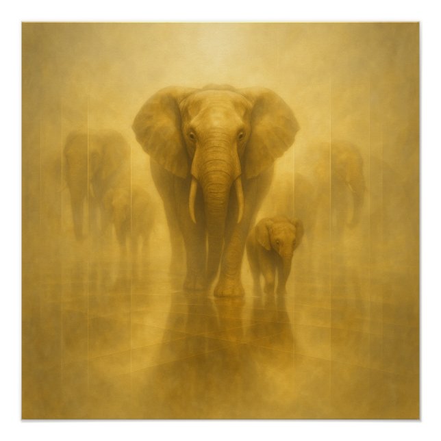 Golden Elephant and Calf in a Misty Mirror Realm – Poster (Front)