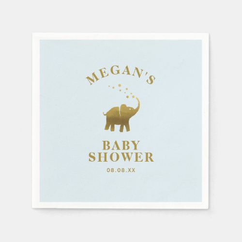 Golden Elephant Baby Blue Baby Shower Napkins