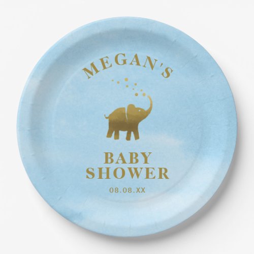 Golden Elephant Blue Watercolor Baby Shower Paper Plates
